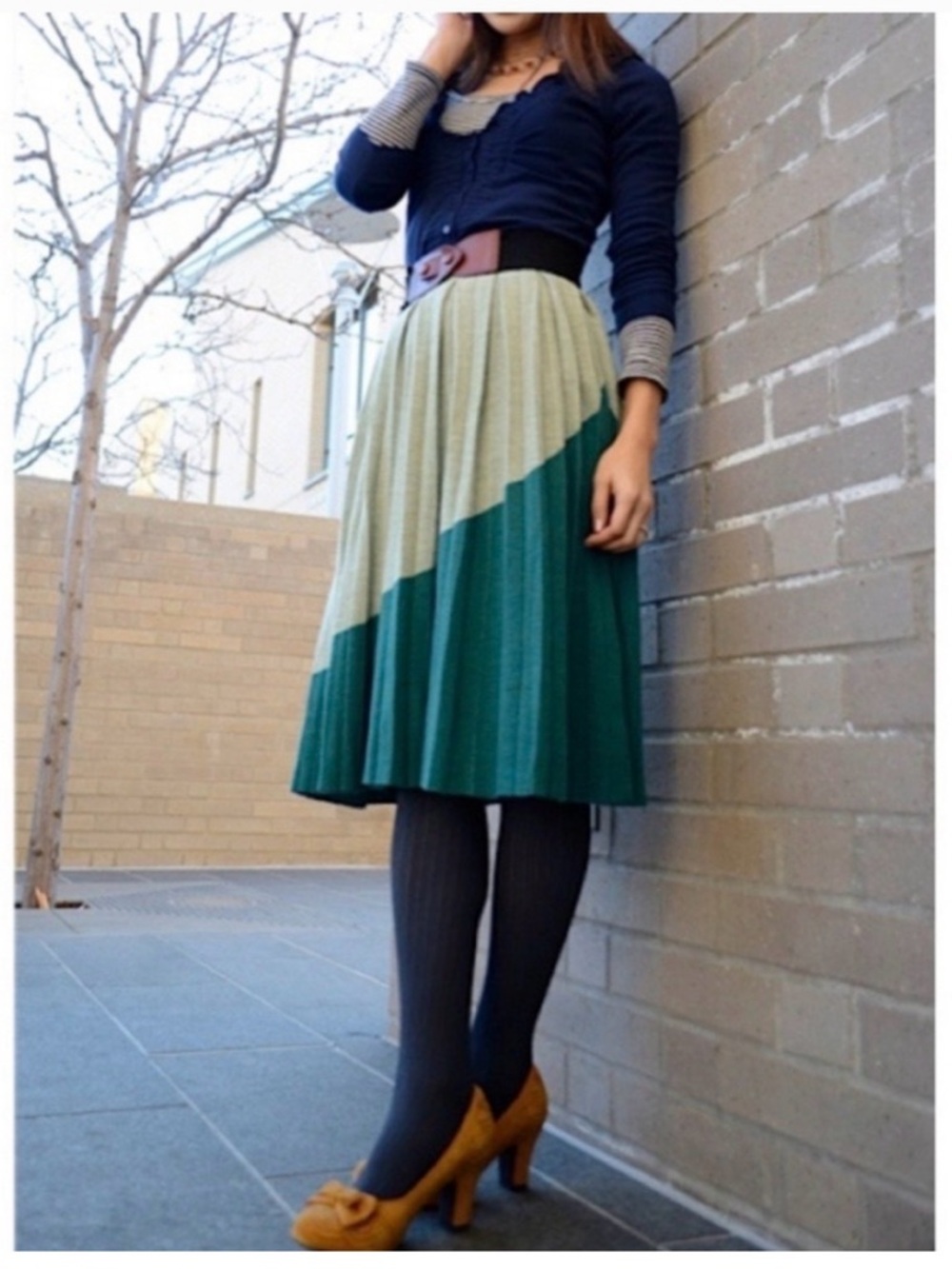 Rare Pleated Two-Tone Green Midi Skirt - Anthropologie Charlie Robin